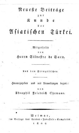 Neueste Beitraege zur Kunde der asiatischen Tuerkei