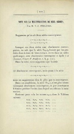 Note sur la multiplication de deux séries.
