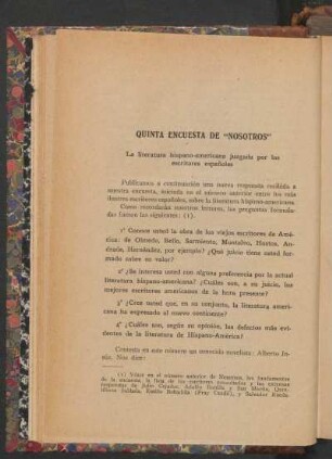 Quinta encuesta de "Nosotros" : La literatura hispano-americana juzgada por los escritores españoles