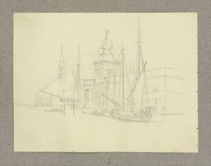 Die Punta della Dogana in Venedig, davor Segelschiffe und Boote
