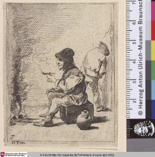 [Ein Bauer auf einem Block vor einem Feuer sitzend; Peasant Seated on a Block before a Fire]