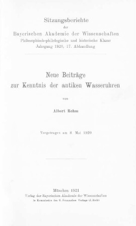 Neue Beiträge zur Kenntnis der antiken Wasseruhren
