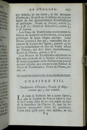 Chapitre VIII. Pacification d'Utrecht; Traités & Négociations qui y sont relatifs.