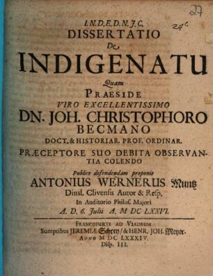 Dissertatio De Indigenatu