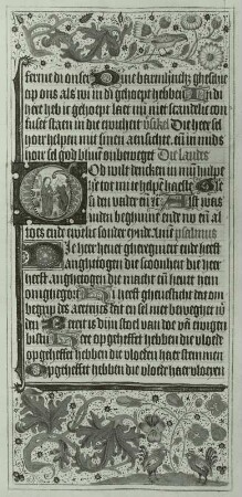 Illumination eines Stundenbuches: Schriftspiegel mit ornamentaler Umrahmung und Initiale mit der Heimsuchung,
