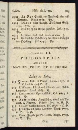 Classis III. Philosophia adiunct. Mathes. Polit. et Oeconom