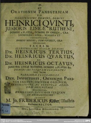Ut orationem panegyricam Heinrici Quinti junioris lineae Rutheni ... auscultare dignentur invitat ...