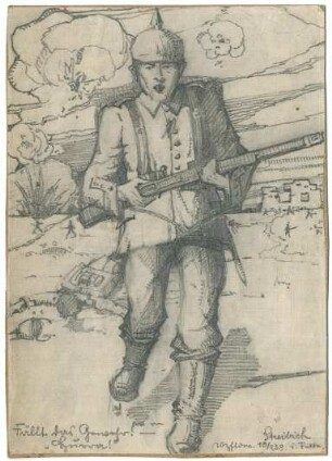 Erster Weltkrieg - Postkarten "Aus großer Zeit 1914/15". Bleistiftzeichnung eines angreifenden Soldaten