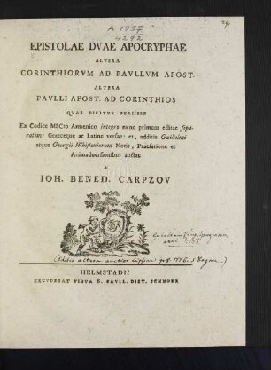 Epistolae Dvae Apocryphae : Altera Corinthiorvm ad Pavllvm Apost. Altera Pavlli Apost. Ad Corinthios Qvae Dicitvr Periisse