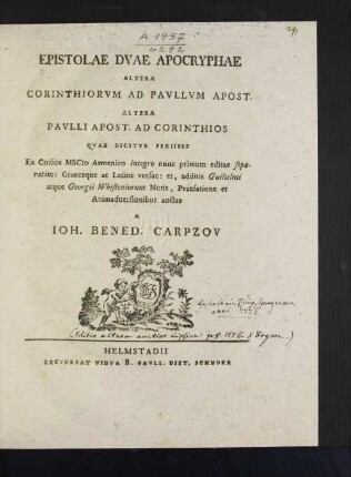 Epistolae Dvae Apocryphae : Altera Corinthiorvm ad Pavllvm Apost. Altera Pavlli Apost. Ad Corinthios Qvae Dicitvr Periisse