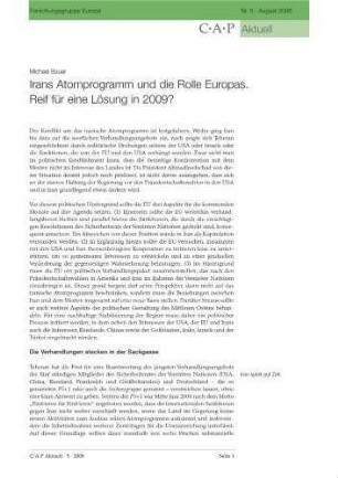 Irans Atomprogramm und die Rolle Europas : reif für eine Lösung in 2009?