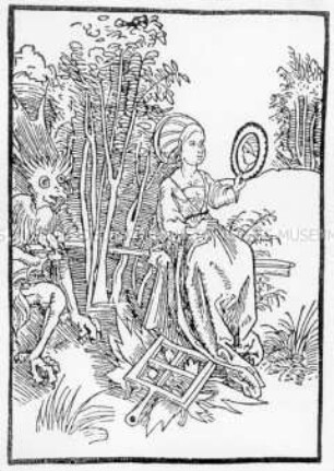 Von der Hoffart (Teufel und Dame mit Spiegel) - Illustration aus Brant/Narrenschiff