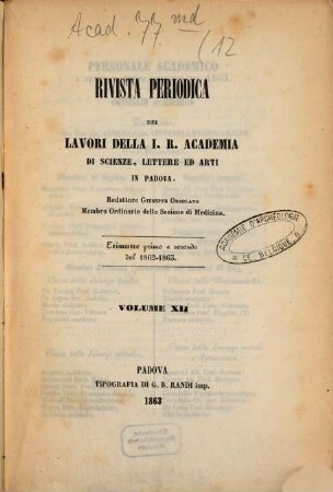 Rivista periodica dei lavori della Regia Accademia di Scienze, Lettere ed Arti in Padova. 12, 12. 1862/63