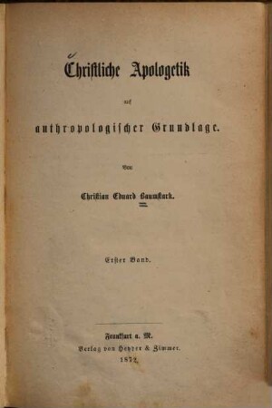 Christliche Apologetik auf anthropologischer Grundlage, 1