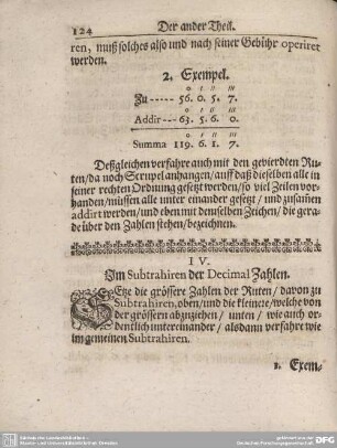 IV. Im Subtrahiren der Decimal Zahlen.