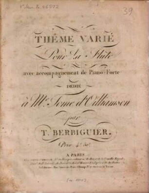 Thême varié : pour la flûte avec accompagnement de piano forte