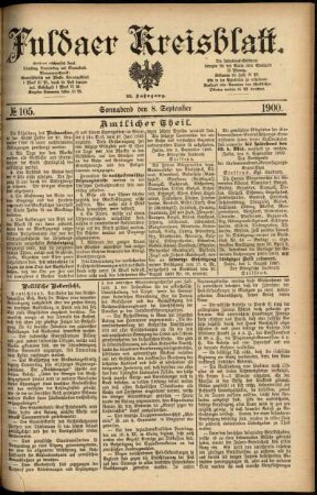Erste Ausgabe vom Samstag, den 08. September 1900.