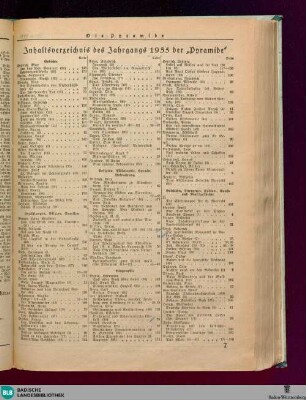 Karlsruher Tagblatt, Inhaltsverzeichnis des Jahrgangs 1935 der "Pyramide"