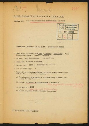 Schlosstheater Schönbrunn: Fragebogen für das Handbuch »Das Deutsche Theater«, vierseitiges Dokument, Abschrift