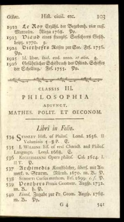 Classis III. Philosophia Adiunct. Mathes. Polit. Et Oeconom.