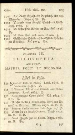 Classis III. Philosophia Adiunct. Mathes. Polit. Et Oeconom.