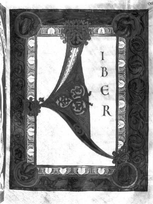 Evangeliar Kaiser Ottos III. aus dem Bamberger Dom — Initialseite, in den Ecken Medaillons mit den Symbolen der Evangelisten, Folio 26recto