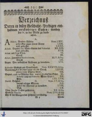 Verzeichnuß deren in disen Geschicht-Predigen enthaltenen merckwürdigen Sachen.