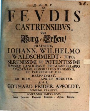 De Fevdis Castrensibvs : = Von Burg-Lehen