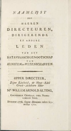 Naamlijist der Heeren Directeuren, Dirigerende en andere Leden van het Bataviaaschgenootschapp van Kunsten en Wetenschappen.
