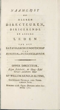 Naamlijist der Heeren Directeuren, Dirigerende en andere Leden van het Bataviaaschgenootschapp van Kunsten en Wetenschappen.