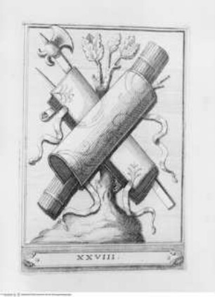 Memorie concernenti la città di Urbino dedicate alla Sagra Real Maestà di Giacomo III Re della Gran Bretagna, Liktorenbündel (?) ; (Blatt 28)