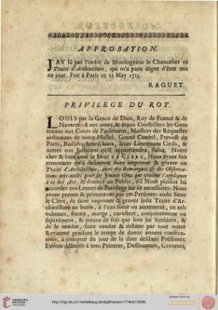 Approbation / Privilege du Roy