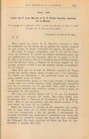 Núm. 148. Carta del P. Juan Martín al R. P. Pablo Pastells, Superior de la Misión