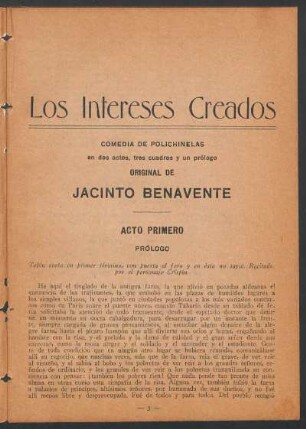 1922005600: Los intereses creados : comedia de polichinelas en dos actos, tres cuadros y un prólogo