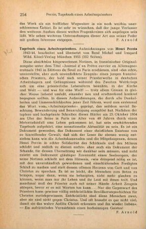 254 [Rezension] Perrin, Henri, Tagebuch eines französischen Arbeiterpriesters in Deutschland