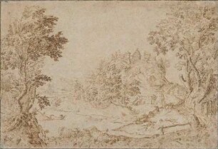 Flusslandschaft mit Fischerbooten und Burg