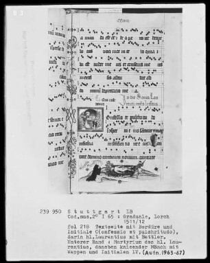 Graduale (Benediktinerhandschrift) — Textseite mit historisierter Initiale und Randminiatur, Folio 218recto
