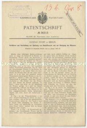 Patentschrift über Verfahren und Vorrichtungen zur Speisung von Dampfkesseln und zur Reinigung des Wassers, Patent-Nr. 36313