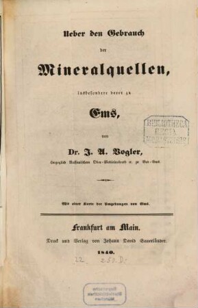 Ueber den Gebrauch der Mineralquellen insbesondere derer zu Ems