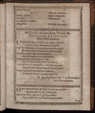 Ad Clariss. & Consultiss. Virum Dn. Gregorium Bernhardi, huius libelli autorem
