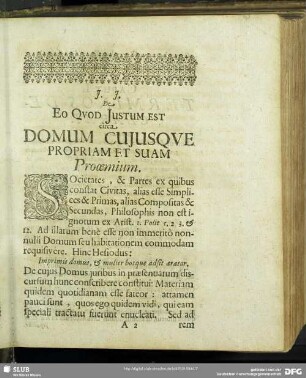 De Eo Quod Iustum Est circa Domum Cuiusque Propriam Et Suam Prooemium