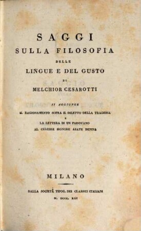 Saggi sulla filosofia delle lingue e del gusto