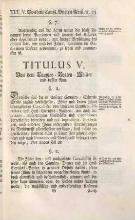 Titulus V. Von dem Cantzley-Botten-Meister und dessen Amt.