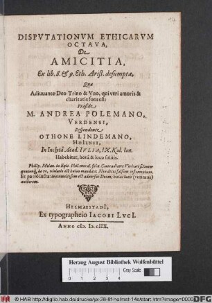 Disputationum Ethicarum Octava, De amicitia : Ex lib. 8. & 9. Eth. Arist. desumpta