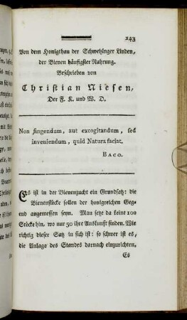 Von dem Honigthau der Schwetzinger Linden, der Bienen häufigster Nahrung. Beschrieben von Christian Niesen,[...]