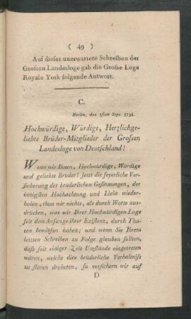 C. Hochwürdige, Würdige, Herzlichgeliebte Brüder-Mitglieder der Grossen Landesloge von Deutschland
