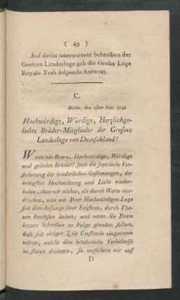 C. Hochwürdige, Würdige, Herzlichgeliebte Brüder-Mitglieder der Grossen Landesloge von Deutschland