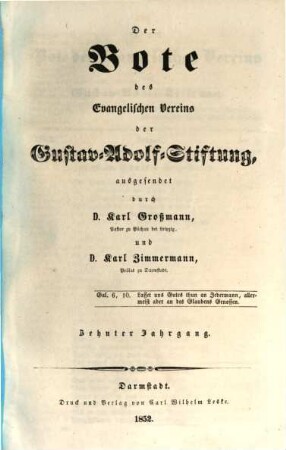 Der Bote des Evangelischen Vereins der Gustav-Adolf-Stiftung. 10. 1852