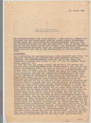 Resolution der Firma Henschel & Sohn GmbH betreff Grundgesetz, Art. 3.2.