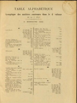 Table alphabétique synoptique des matières contenues dans le 4e volume de la 2e série